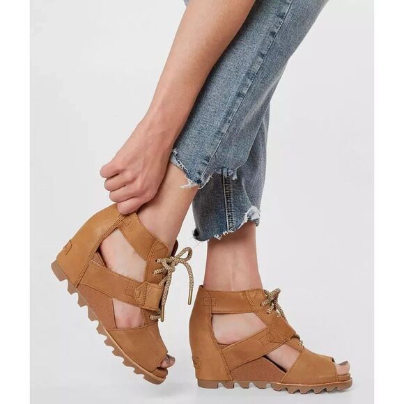 Sorel Joanie Leather Platform Wedge Sandal - Camel 6 - Picture 1 of 8